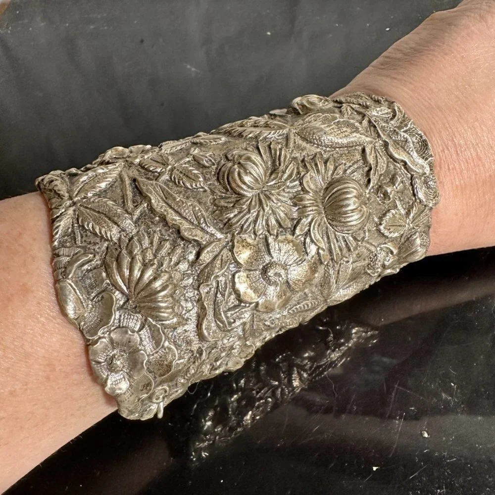 Floral Sterling Silver Cuff Bracelet Wide Art Nouveau 925 Kirk Stieff Repoussé